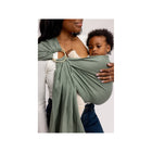 Sage Green Linen Ring Sling Carrying Toddler - On Model Three-Quarter View with Gold Ring | Bambi Baby