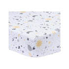 White Microfiber Celestial Fitted Crib Sheet - Corner View Showing Full Print | Bambi Baby