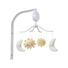 White Boucle Moon and Yellow Velour Sun Crib Mobile on Gray Arm Stand - Side Angle | Bambi Baby