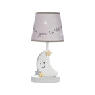 White Resin Moon Nursery Lamp with Lavender 'Love You to the Moon' Printed Shade - Front View | Bambi Baby