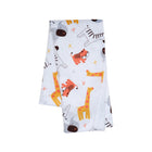 White Fleece Safari Baby Blanket - Draped Fold View, Tiger & Giraffe Jungle Print | Bambi Baby