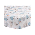 White Microfiber Woodland Fitted Crib Sheet - Corner Angle View with Fox & Tree Print | Bambi Baby