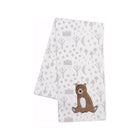 White Fleece Sleepytime Bear Baby Blanket with Grey Woodland Print - Unfolded Angled View | Bambi Baby