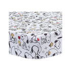 White Microfiber Snoopy & Woodstock Print Fitted Crib Sheet on Mattress - Angled Corner View | Bambi Baby