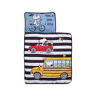 Snoopy Woodstock Black White Stripe Toddler Nap Mat unrolled with blue bicycle pillow - Open View | Bambi Baby
