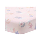 Pink Microfiber Ballet Animal Fitted Crib Sheet - Angled Corner View with Star Moon Print | Bambi Baby