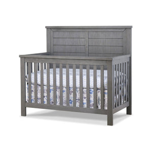 Grigio Sorelle Westley Convertible Crib - 3/4 Angle View with Shiplap Headboard Detail | Bambi Baby