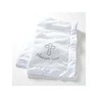 White Fleece Christening Baby Blanket with Satin Border & Heaven Sent Embroidery - Angled View | Bambi Baby