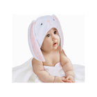 White & Pink Cotton Bunny Hooded Towel with Floppy Ears on Infant - Side View | Bambi Baby