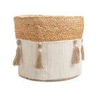 White Cotton + Natural Jute Boho Nursery Storage Bin with Tassels - Angled View | Bambi Baby
