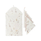 Cream Cotton Goose Print Baby Hooded Towel & Washcloth Set - Full Set Flat Lay | Bambi Baby