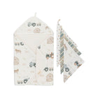 Cream Cotton Tractor Print Baby Hooded Towel & Washcloth Set - Full Set Flat Lay | Bambi Baby