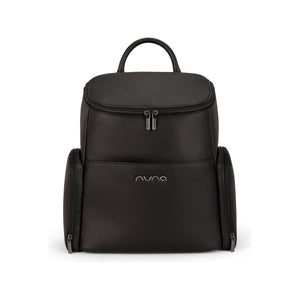 Black Caviar Leatherette Nuna Essential Luxury Diaper Bag Backpack - Front View with Expanding Sides | Bambi Baby