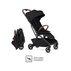 Onyx Black Silver Cross Nia Compact Travel Stroller with Tan Handle - Side Profile & Fold, IATA Cabin Compliant | Bambi Baby