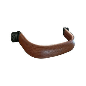 Tan Perforated Faux Leather Stroller Bumper Bar - Angled View with Clips | Bambi Baby
