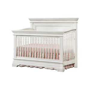 Brushed White Solid Wood Westwood Olivia Convertible Crib with Pink Bedding - Three Quarter Front View | Bambi Baby