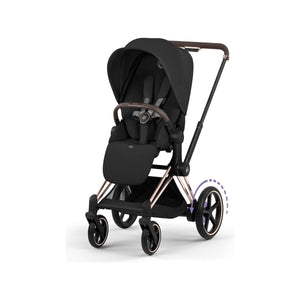 Sepia Black CYBEX e-PRIAM Luxury Stroller Rose Gold Frame - Front Three Quarter View | Bambi Baby