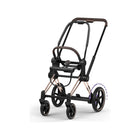 Rose Gold CYBEX e-PRIAM Stroller Frame - Front 3/4 View with Brown Leather Bar and Rose Gold Accents | Bambi Baby