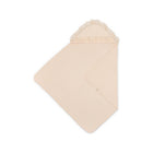Blush Cotton Muslin Hooded Baby Bath Towel with Lace Ruffle Hood - Angled Flat Lay | Bambi Baby