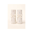 White Muslin Swaddle Blanket Set, Bunny and Blue Floral Bow Print Rolled with Ribbon - Front View | Bambi Baby
