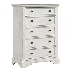 Brushed White Wood Olivia 5 Drawer Tall Chest - Angled View | Bambi Baby