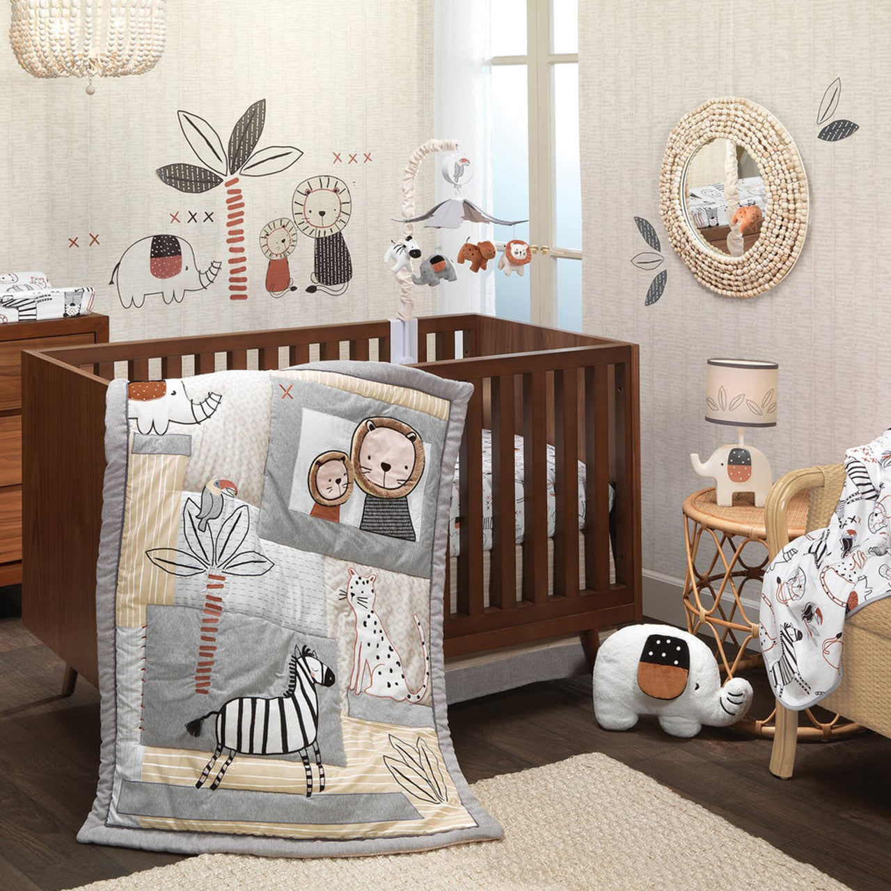 Lambs Ivy Patchwork Jungle Modern Cream Elephant Lamp with Gray Shade Bulb