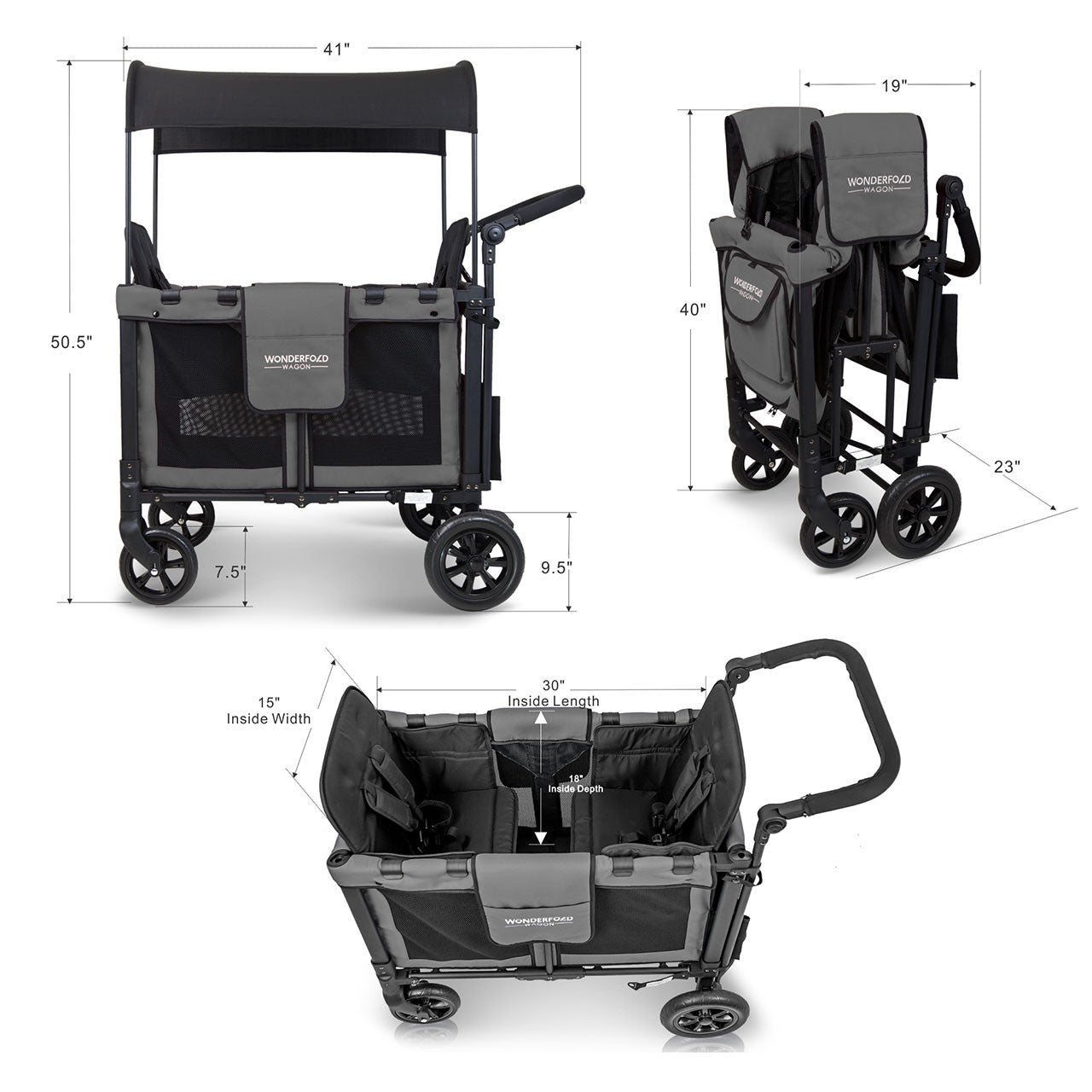 Wonderfold W4 Elite Quad Stroller Wagon in Charcoal Gray- Bambi Baby