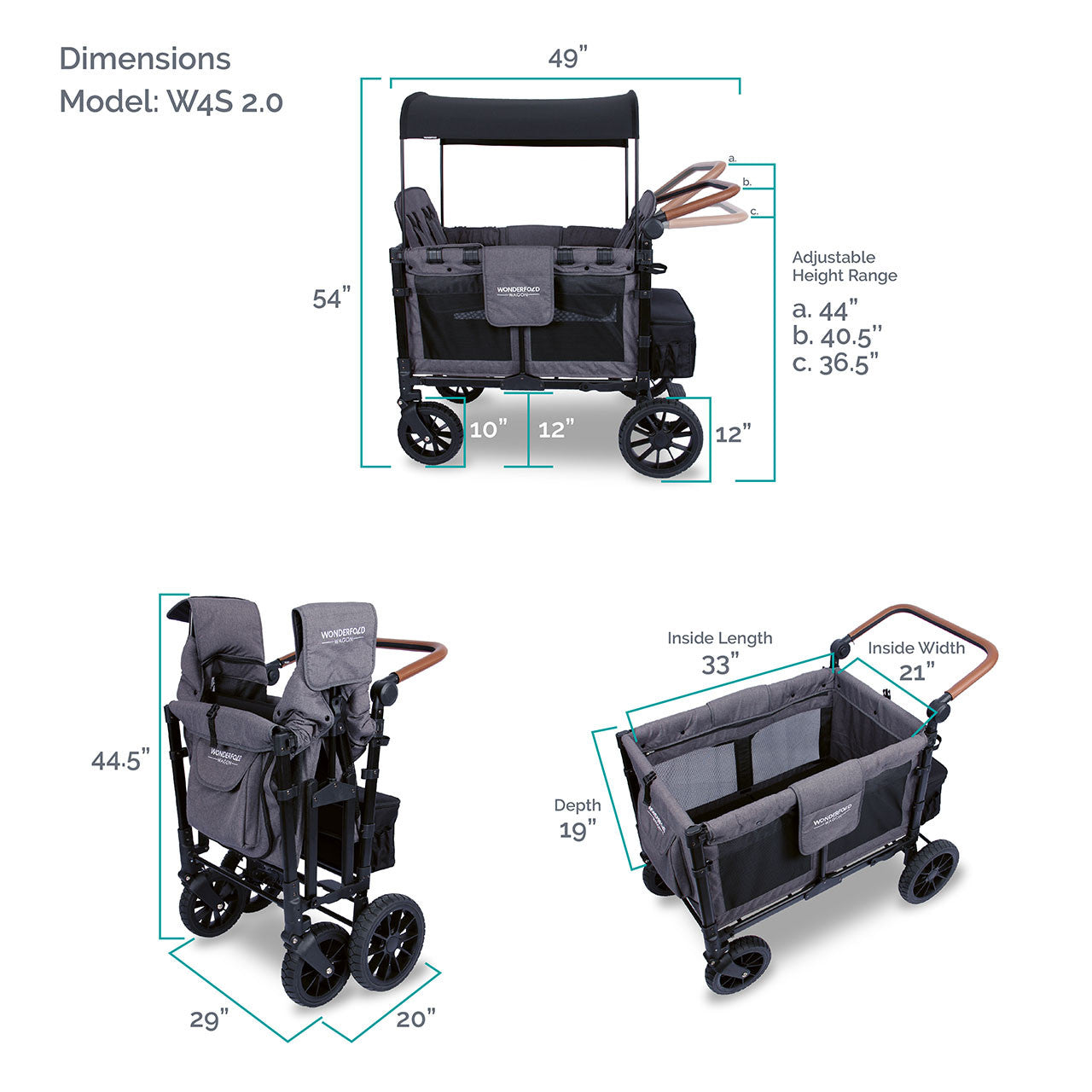 Wonderfold W4 LUXE Quad Stroller Wagon in Charcoal Gray with Black Frame- Bambi Baby