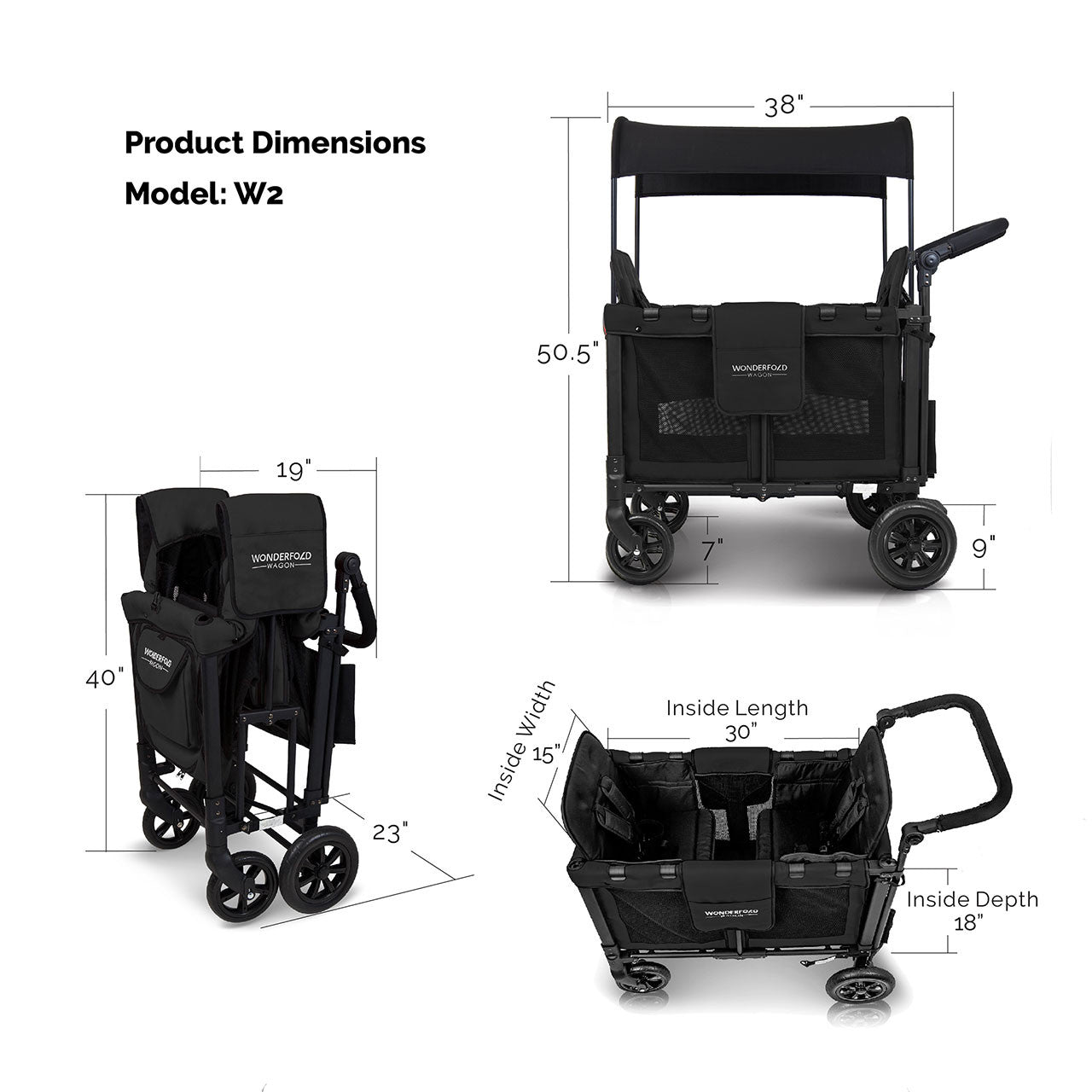 Wonderfold W2 Elite Double Stroller Wagon in Volcanic Black- Bambi Baby