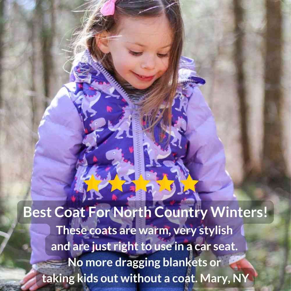 Onekid Car Seat Coat | The Road Coat Down - Purple Raptor Print- Bambi Baby