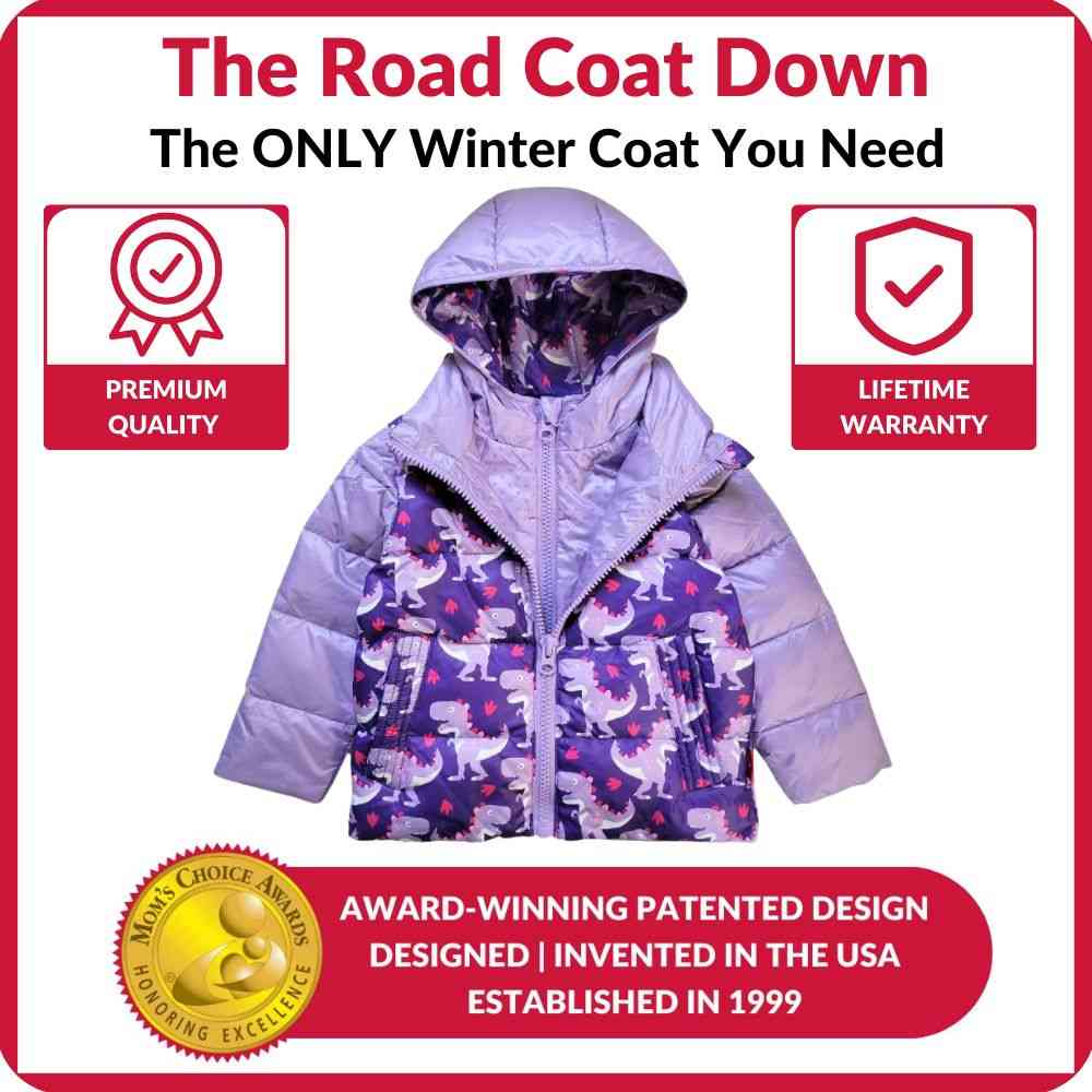 Onekid Car Seat Coat | The Road Coat Down - Purple Raptor Print- Bambi Baby
