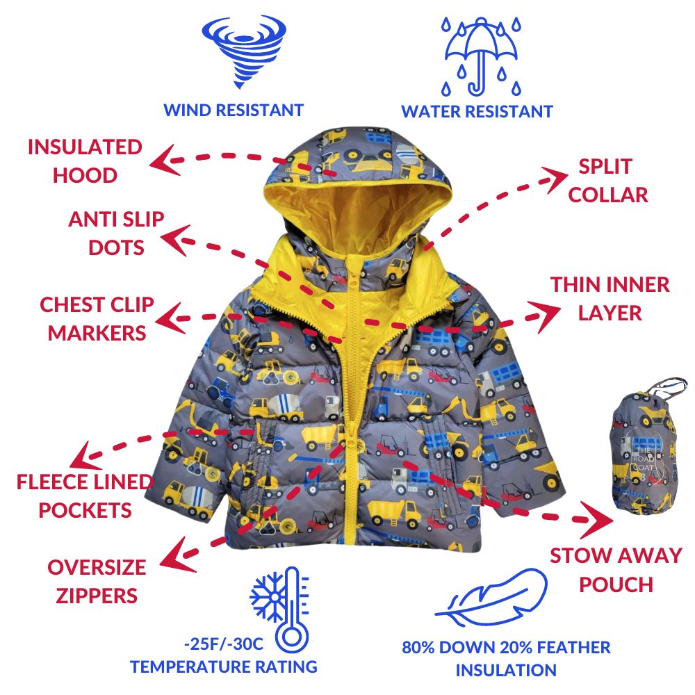 Onekid Car Seat Coat | The Road Coat Down - Construction Print- Bambi Baby
