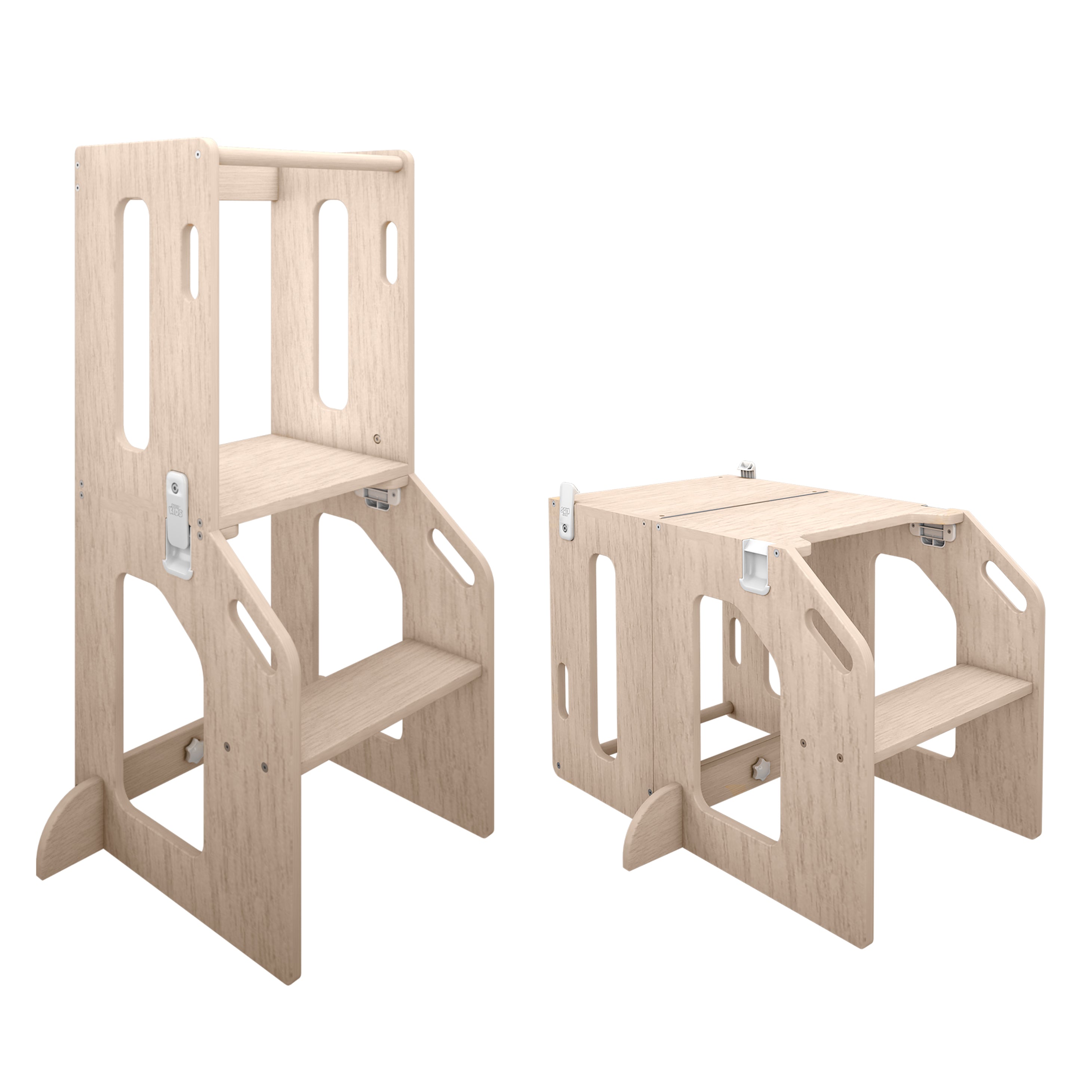 Natural Wood 2-in-1 Kitchen Tower and Art Desk - Side by Side View | Bambi Baby