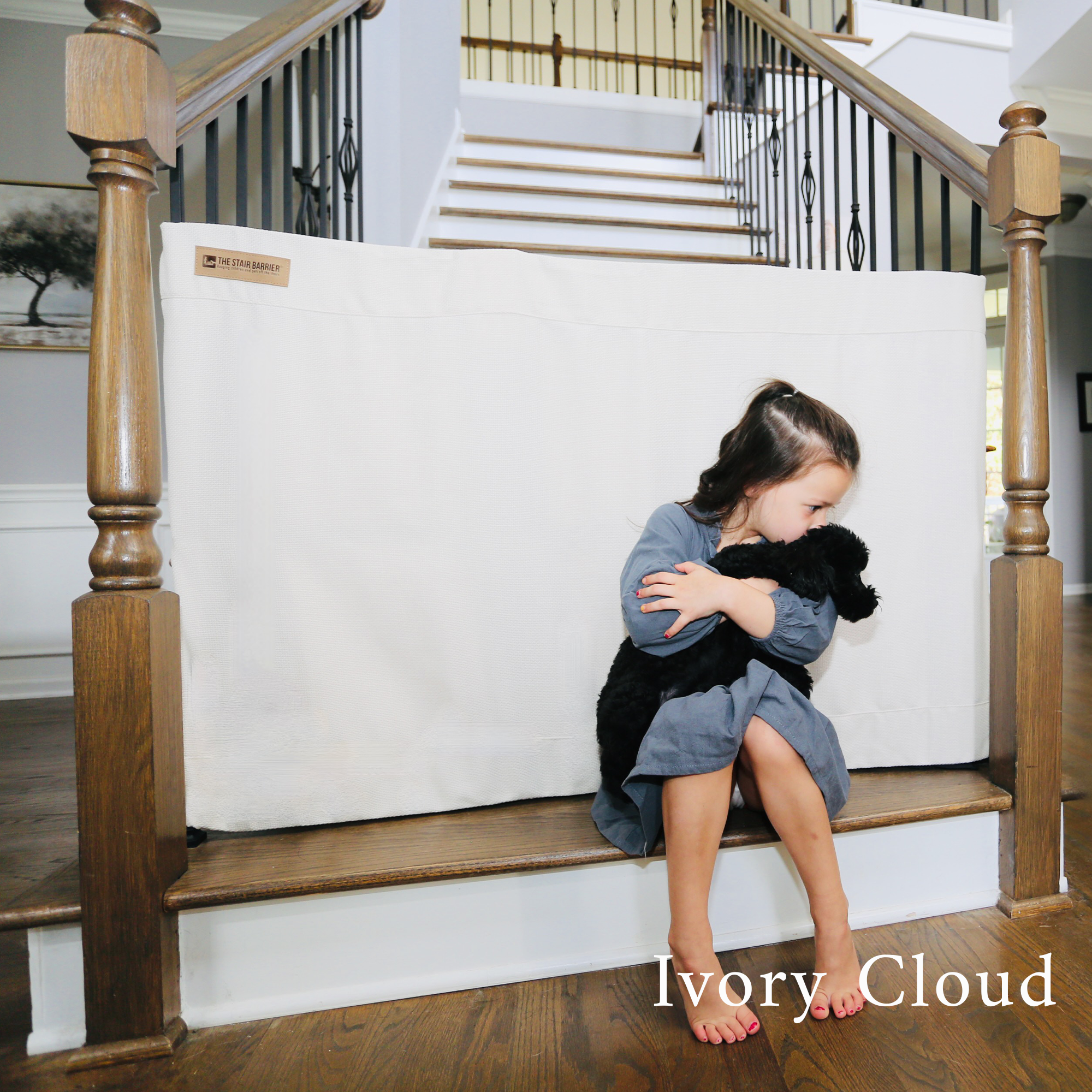 Ivory Cloud Fabric Banister-to-Banister Safety Gate - Lifestyle View with Child | Bambi Baby