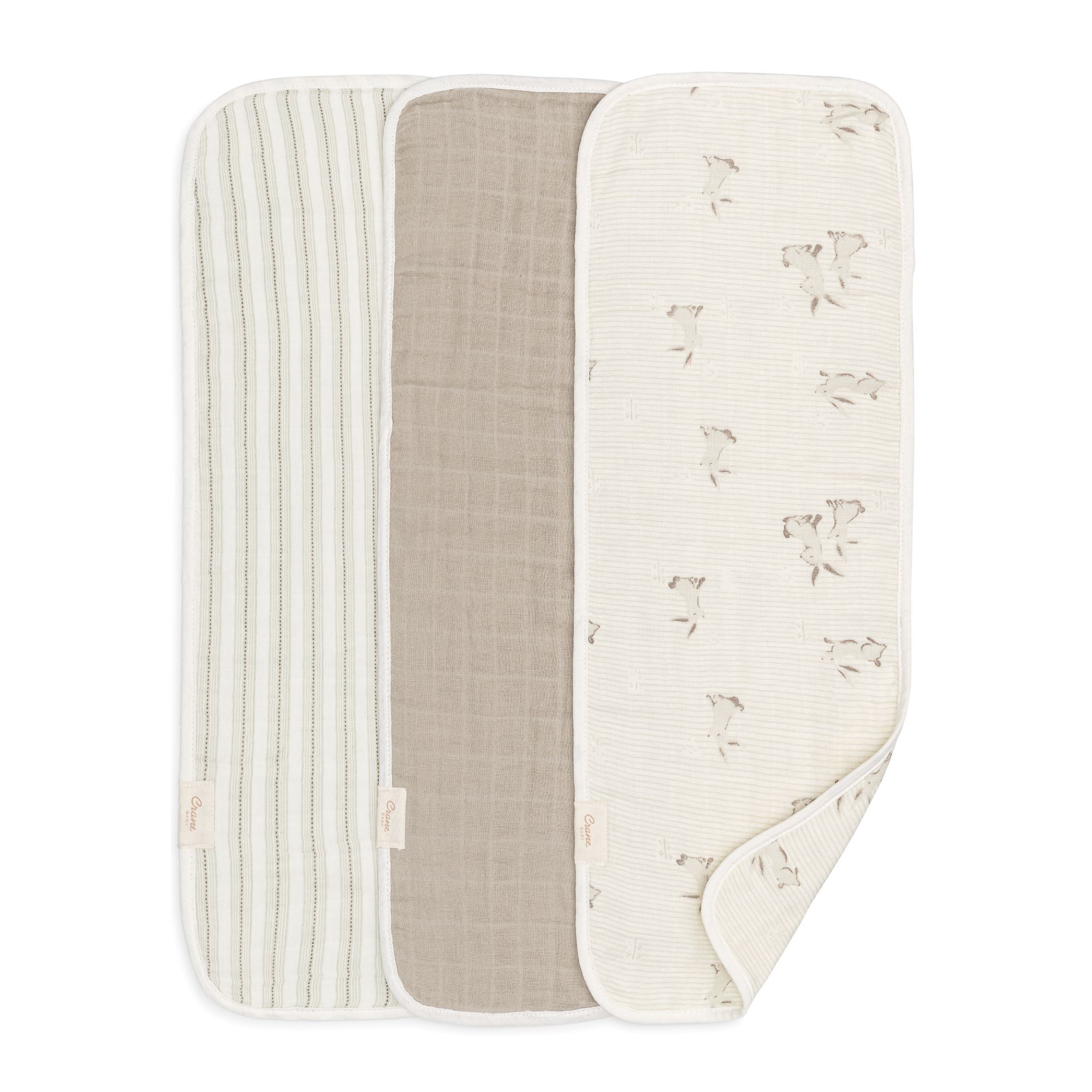 Crane Baby Avery 3-pc. Organic Cotton Newborn Burp Cloth Set - Bunny- Bambi Baby