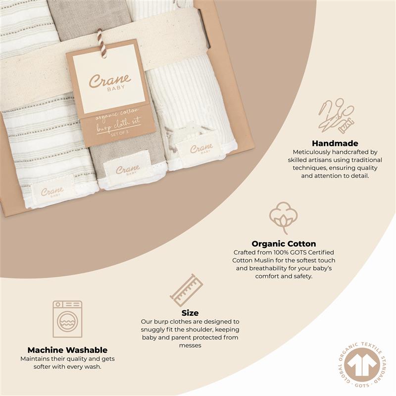 Crane Baby Avery 3-pc. Organic Cotton Newborn Burp Cloth Set - Bunny- Bambi Baby