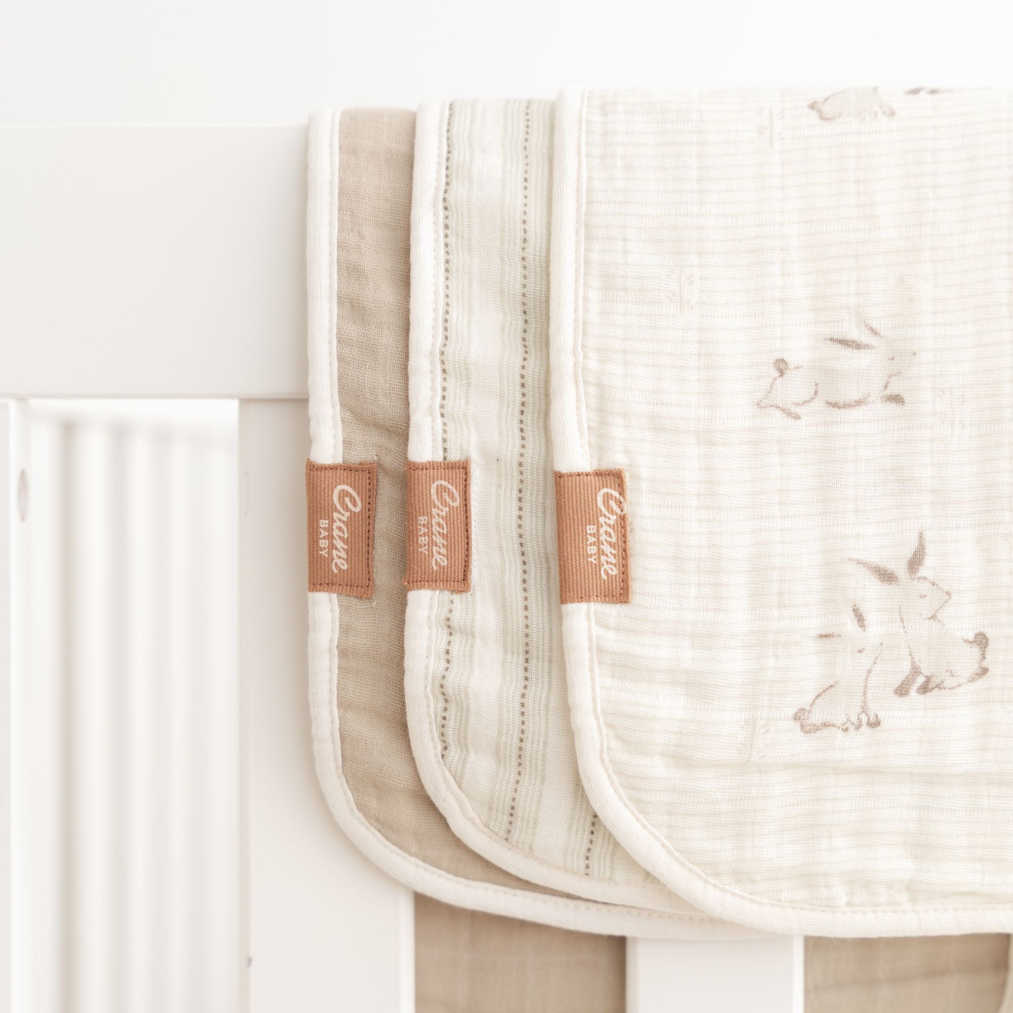 Crane Baby Avery 3-pc. Organic Cotton Newborn Burp Cloth Set - Bunny- Bambi Baby