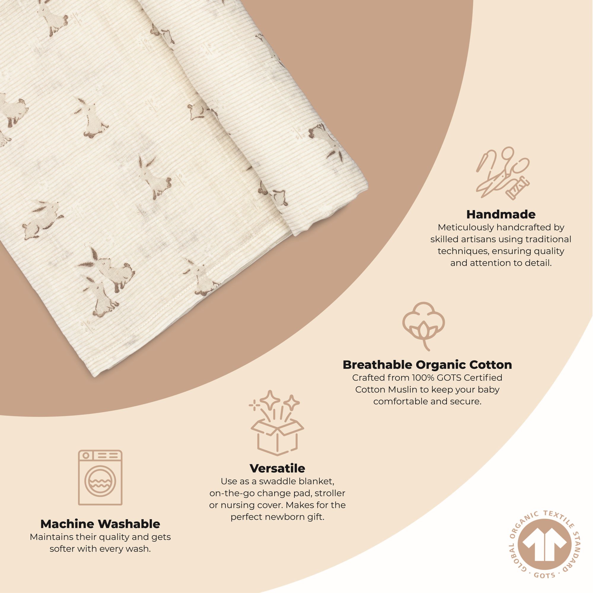 Crane Baby Avery Organic Cotton Bunny Single Swaddle - White- Bambi Baby