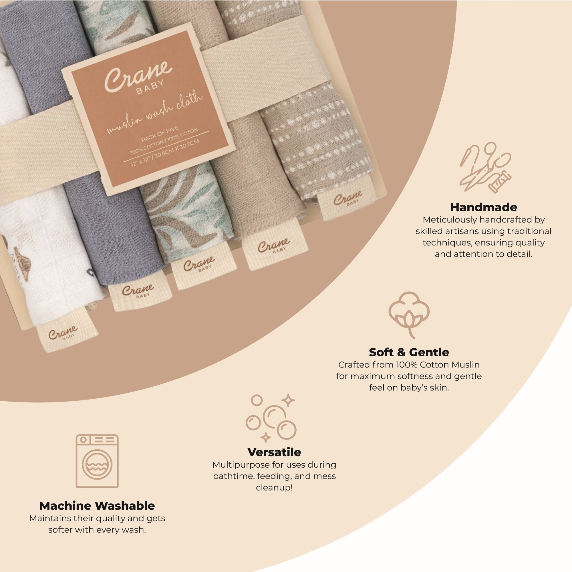 Crane Baby 5-pc. Cotton Baby Washcloth Set- Bambi Baby