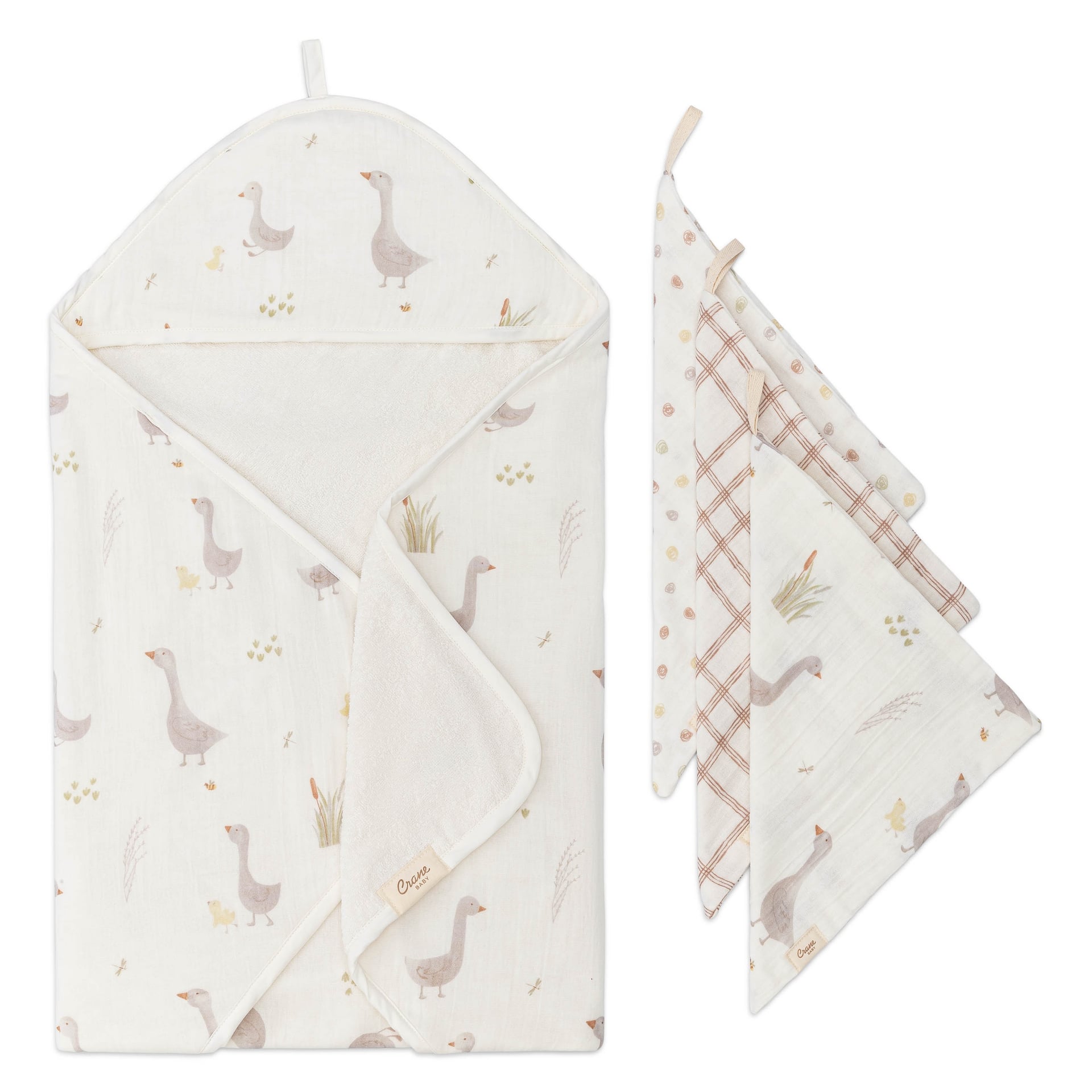 Crane Baby Charlie Farmhouse Goose Baby Bath Towel & Wash Cloth Set- Bambi Baby