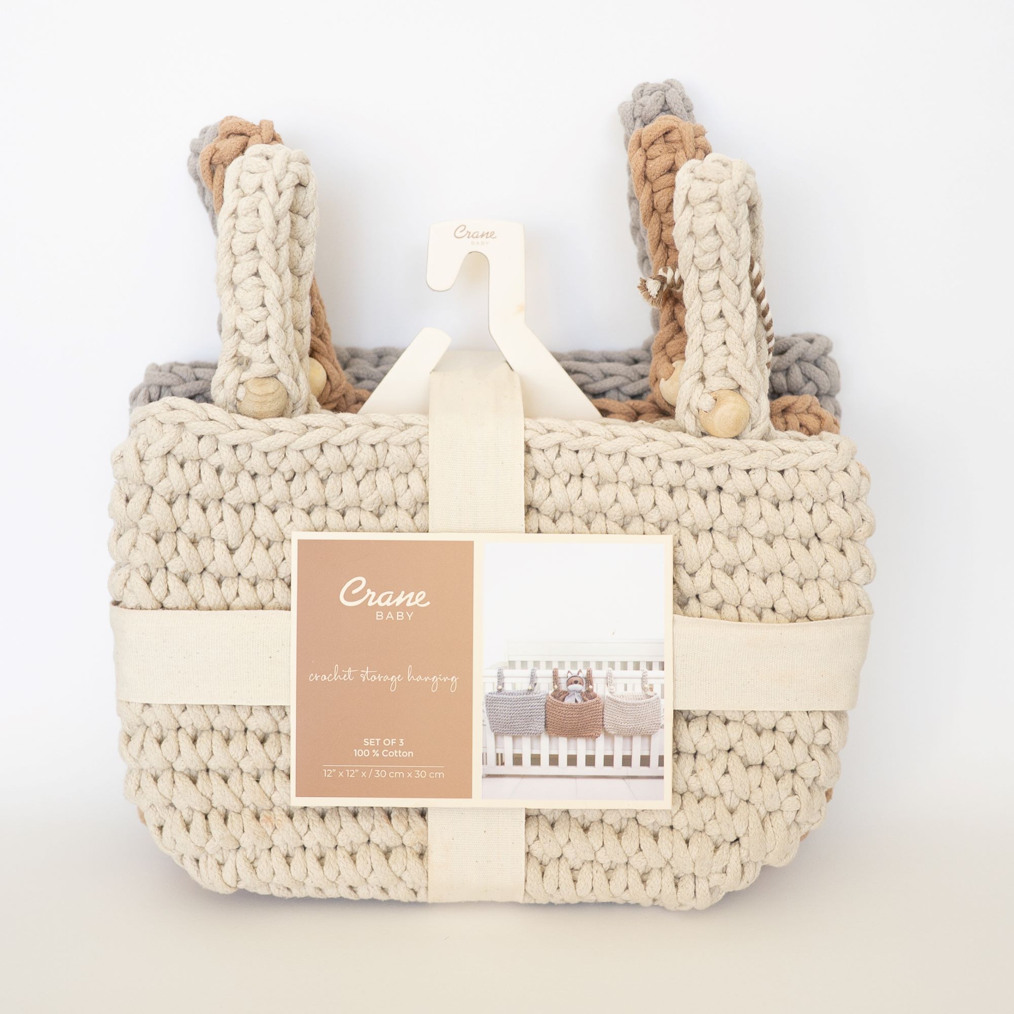 Crane Baby Charlie Farmhouse Hanging Nursery Storage Bin Trio - Beige- Bambi Baby