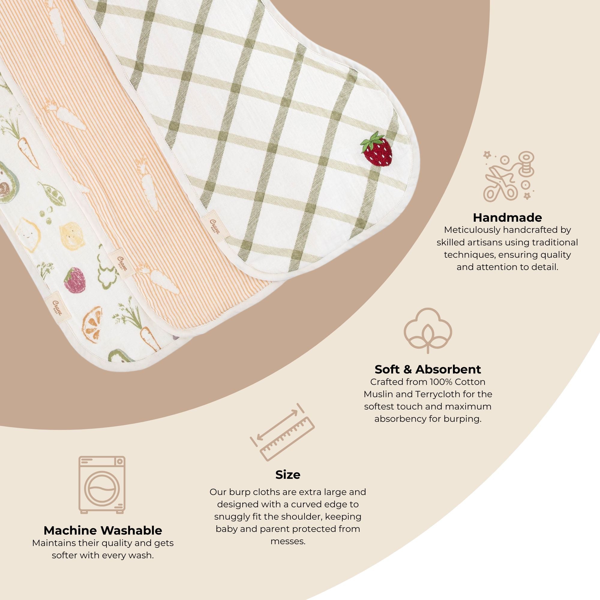 Crane Baby Clementine Fruits & Veggies Cotton Burp Cloth Set- Bambi Baby