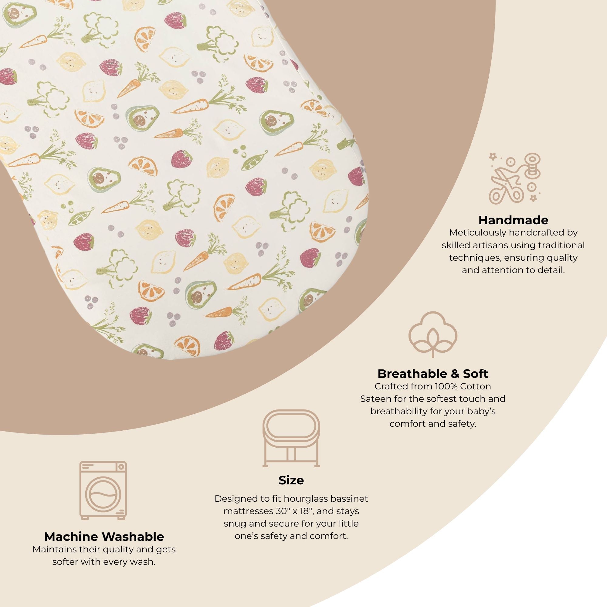 Crane Baby Clementine Fruits & Veggies Cotton Bassinet Sheet- Bambi Baby