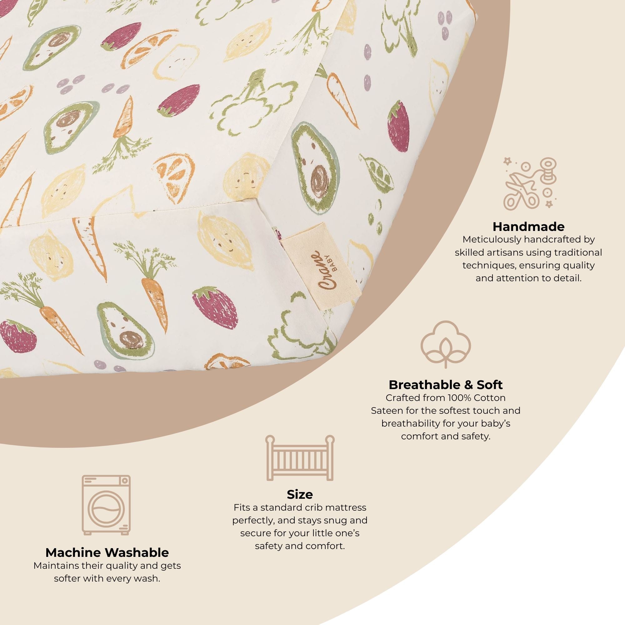 Crane Baby Clementine Fruits & Veggies Cotton Fitted Crib Sheet- Bambi Baby