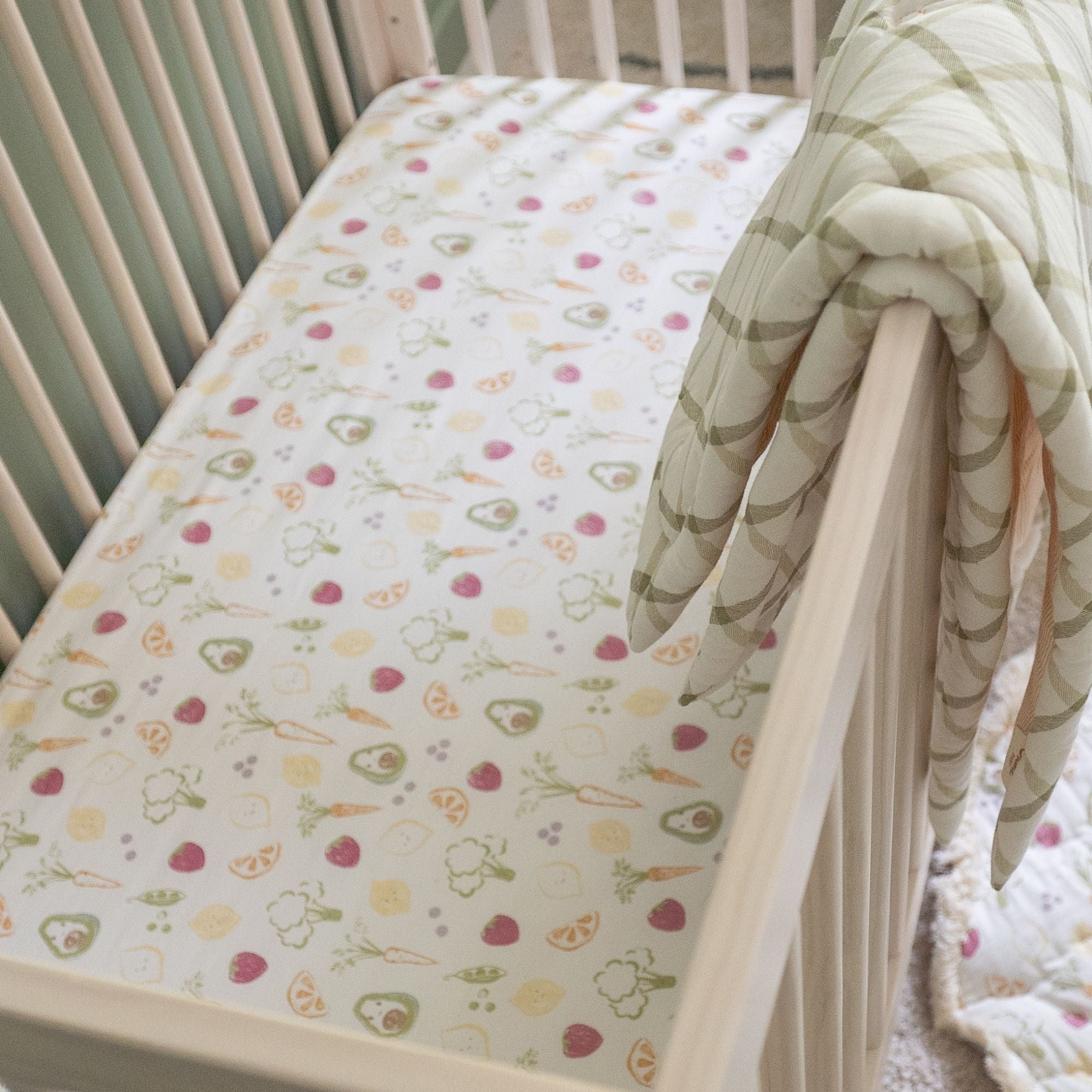 Crane Baby Clementine Fruits & Veggies Cotton Fitted Crib Sheet- Bambi Baby