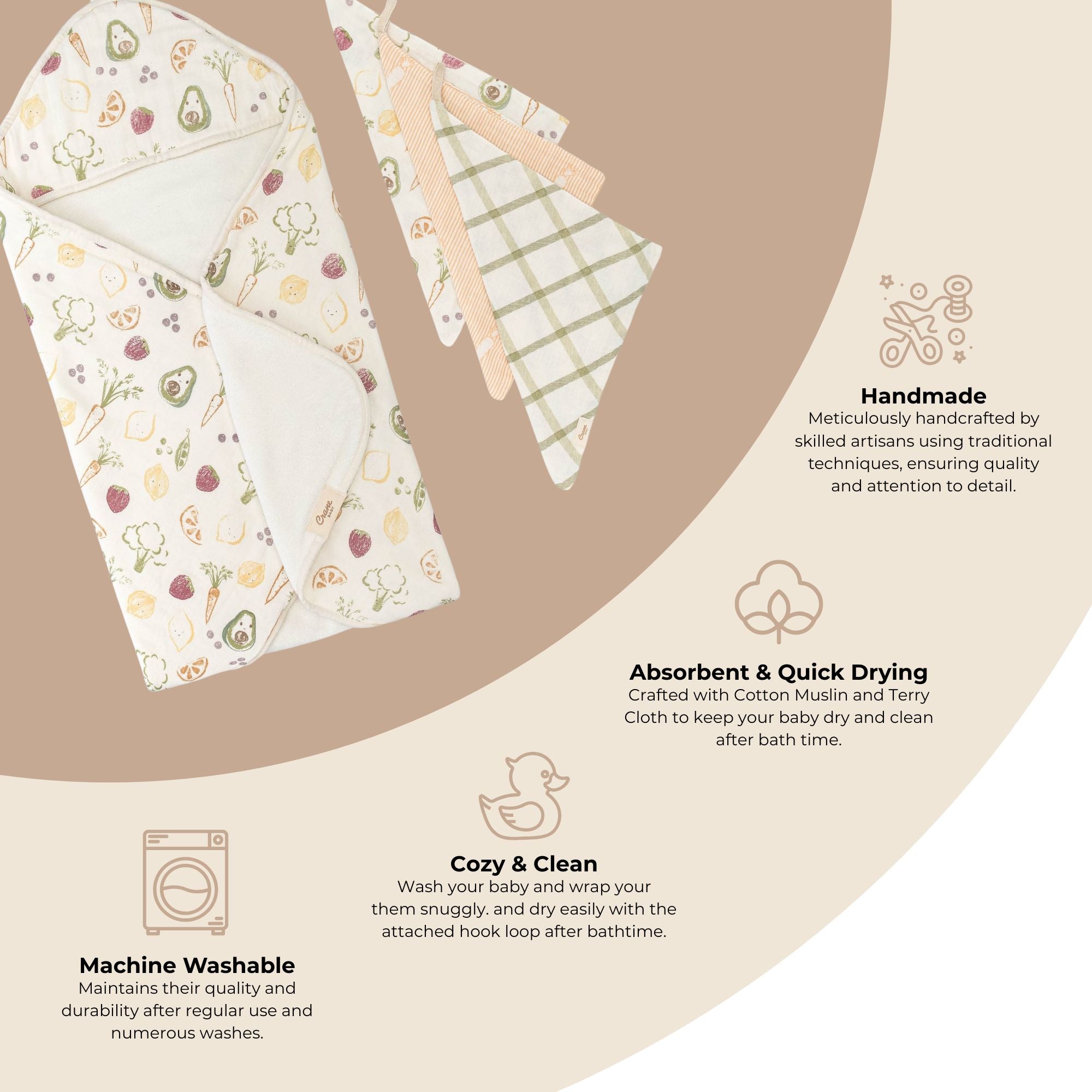 Crane Baby Clementine Fruits & Veggies Hooded Baby Bath Towel & Washcloth Set- Bambi Baby