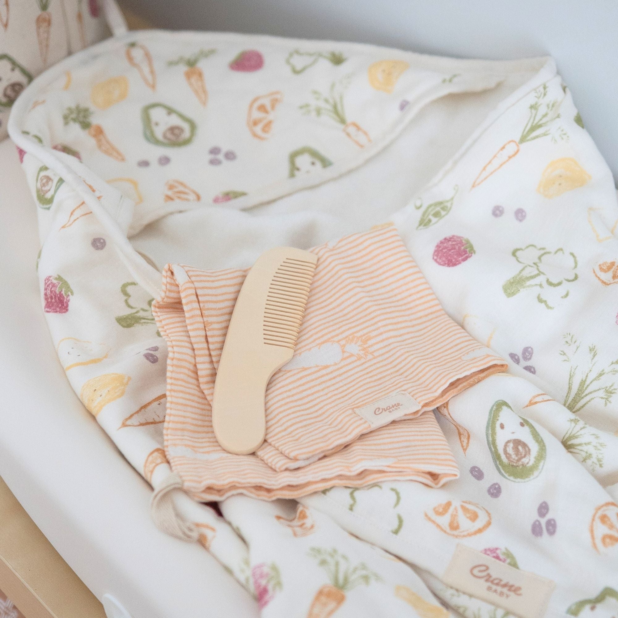 Crane Baby Clementine Fruits & Veggies Hooded Baby Bath Towel & Washcloth Set- Bambi Baby