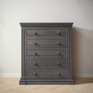 Aqua Gray Silva Jackson 5 Drawer Tall Chest with Brass Knobs - Front View in Neutral Room | Bambi Baby