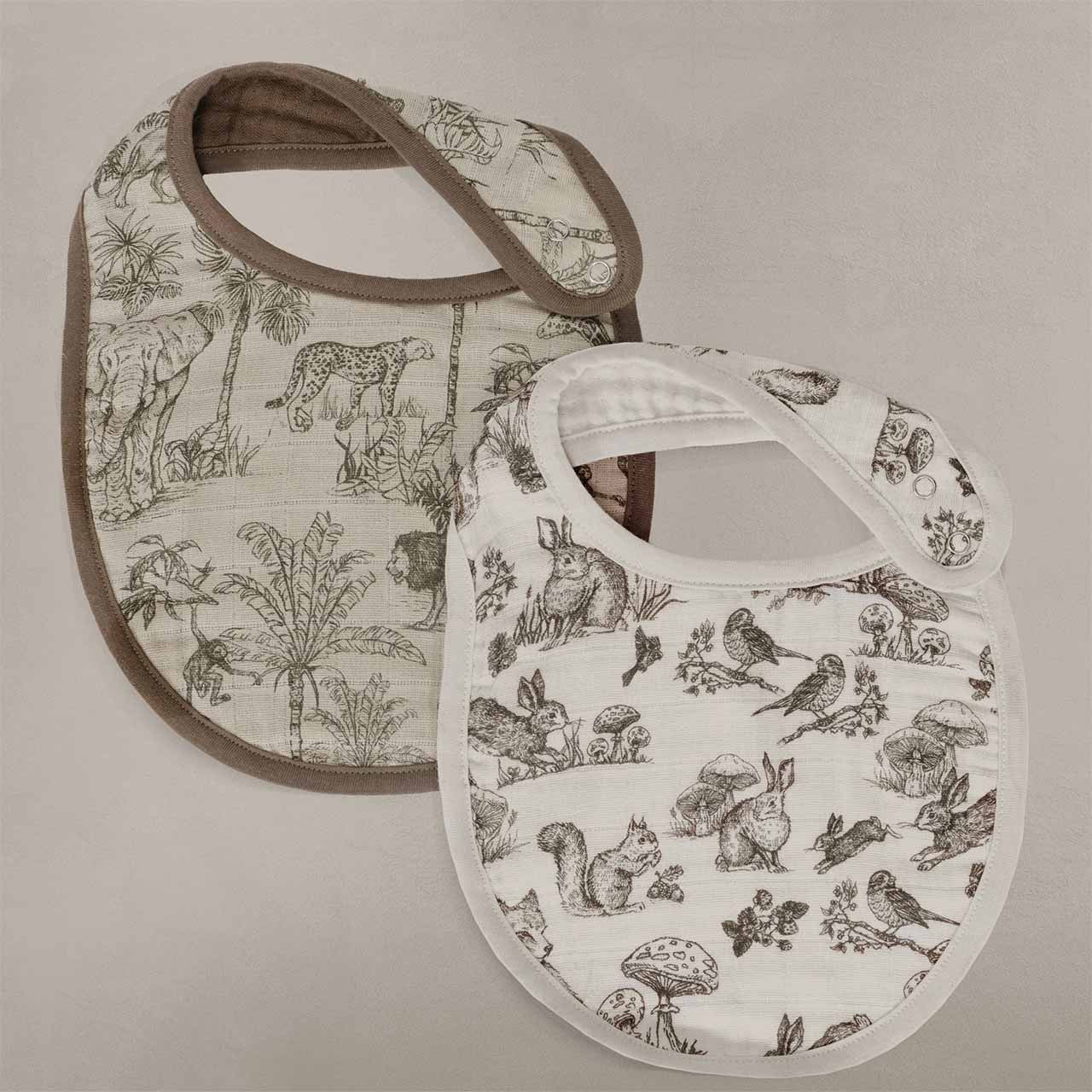 Oilo Fable Bibs 2 Pack- Vintage Safari & Woodland Organic Muslin- Bambi Baby