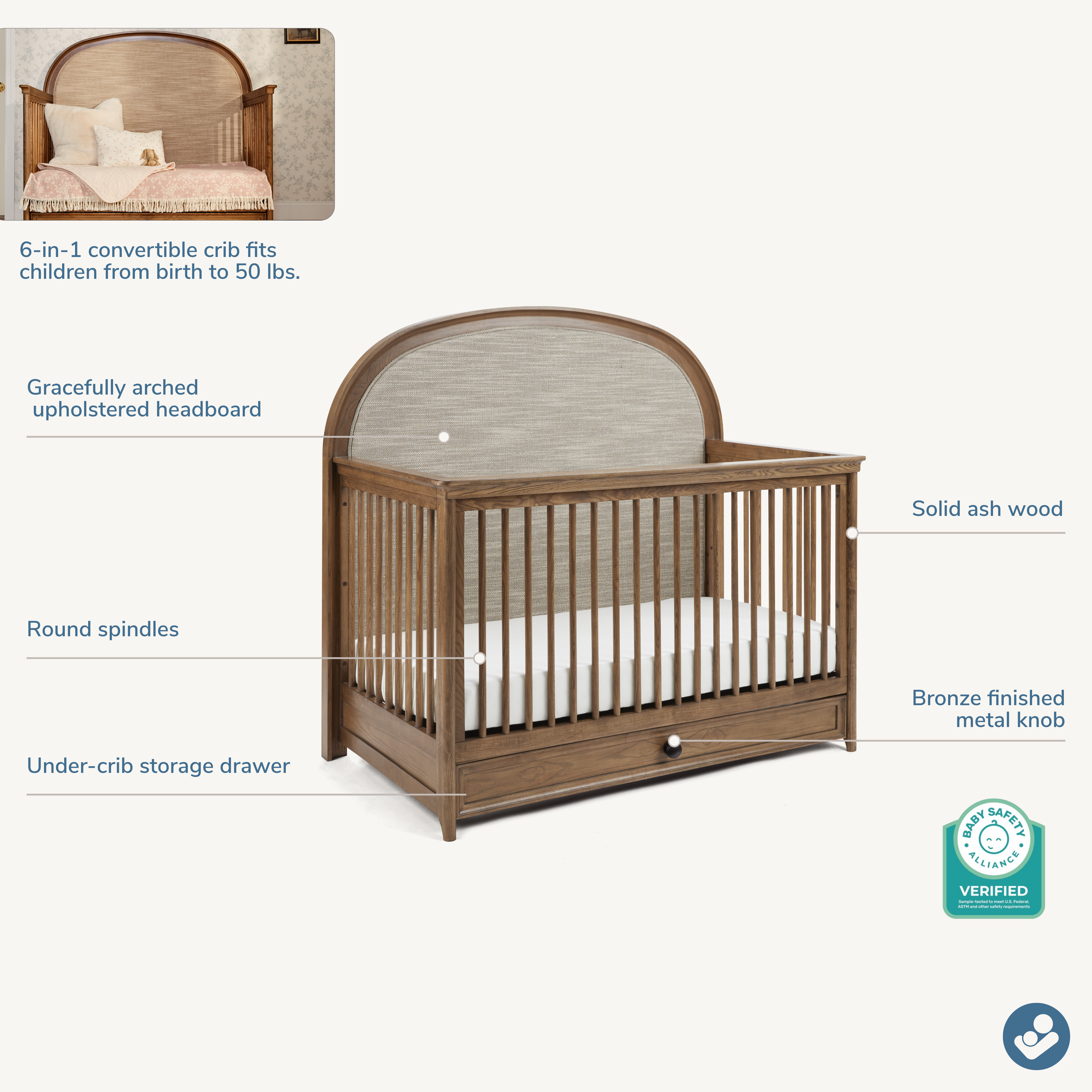Maxi Cosi Quiet Luxury 6-in-1 Convertible Crib with Toddler Bed/Daybed Conversion Kit- Bambi Baby